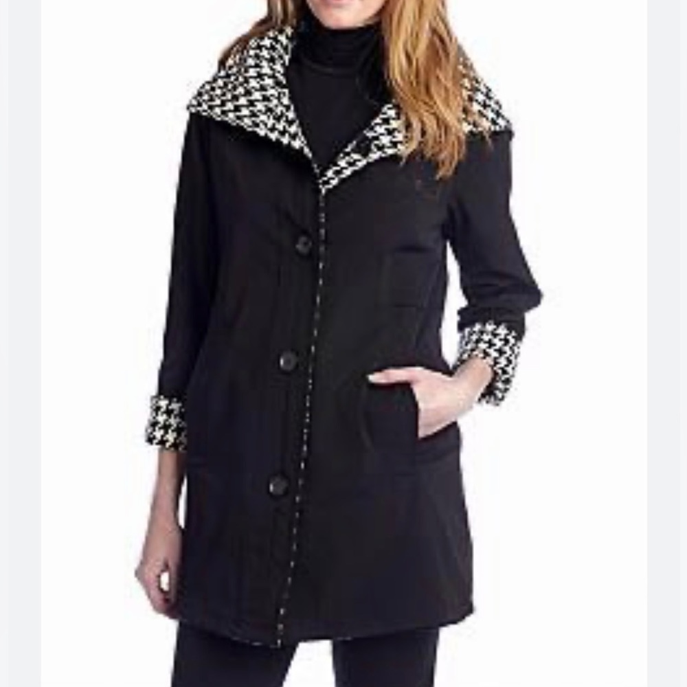 🇺🇸 $5 Reversible Raincoat Houndstooth Hooded Coat Outerwear All-Weather Medium